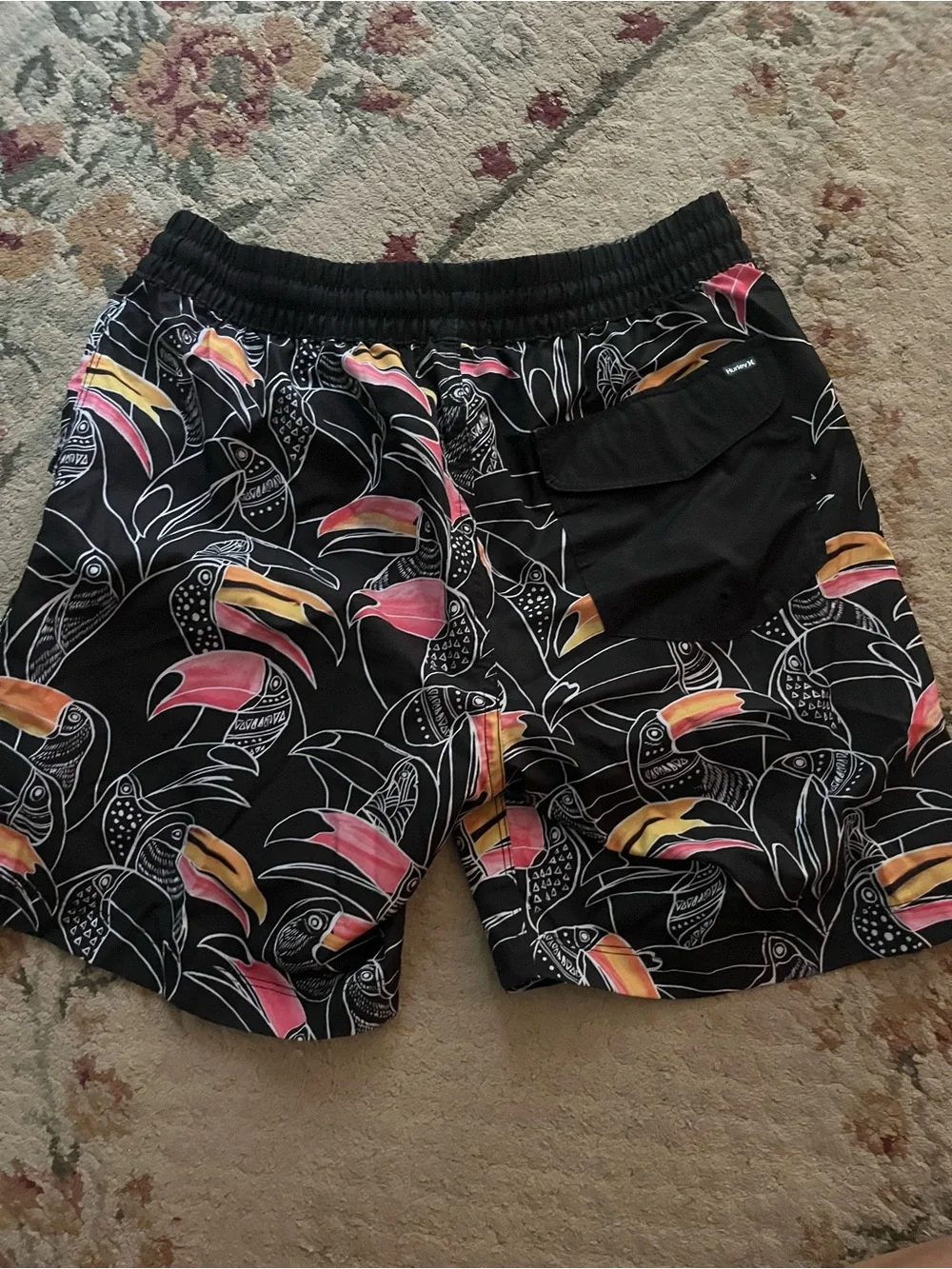 Hurley Black Swim Shorts with Pink & Yellow Toucan Print